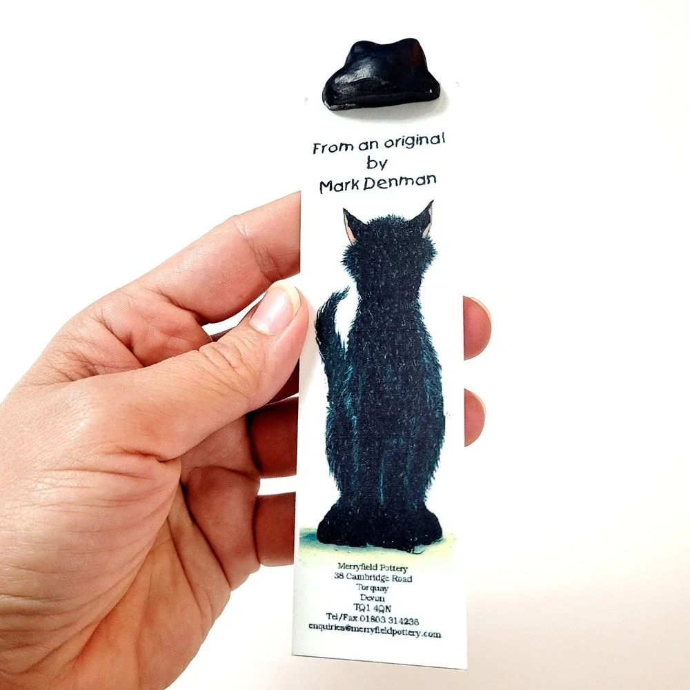 Vintage 90s Merryfield Pottery bookmark- black tuxedo cat- Mark Denman- Devon UK